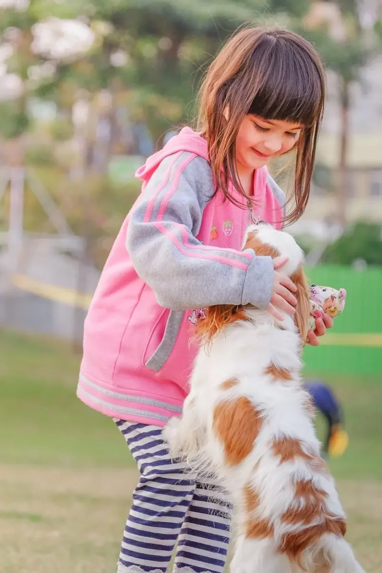 A young girl enjoys playful moments with her pet Cavalier King Charles Spaniel in a sunny park.